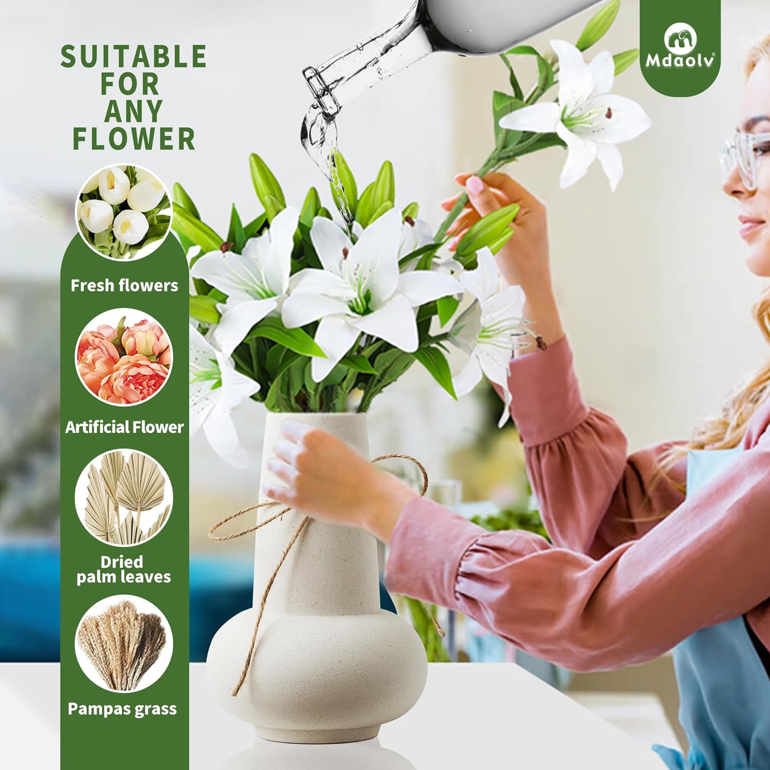 Mdaolv Jarrón de cerámica para plantas, jarrón de hierba de las pampas, jarrón blanco mate de 8 pulgadas de alto, florero bohemio para decoración
