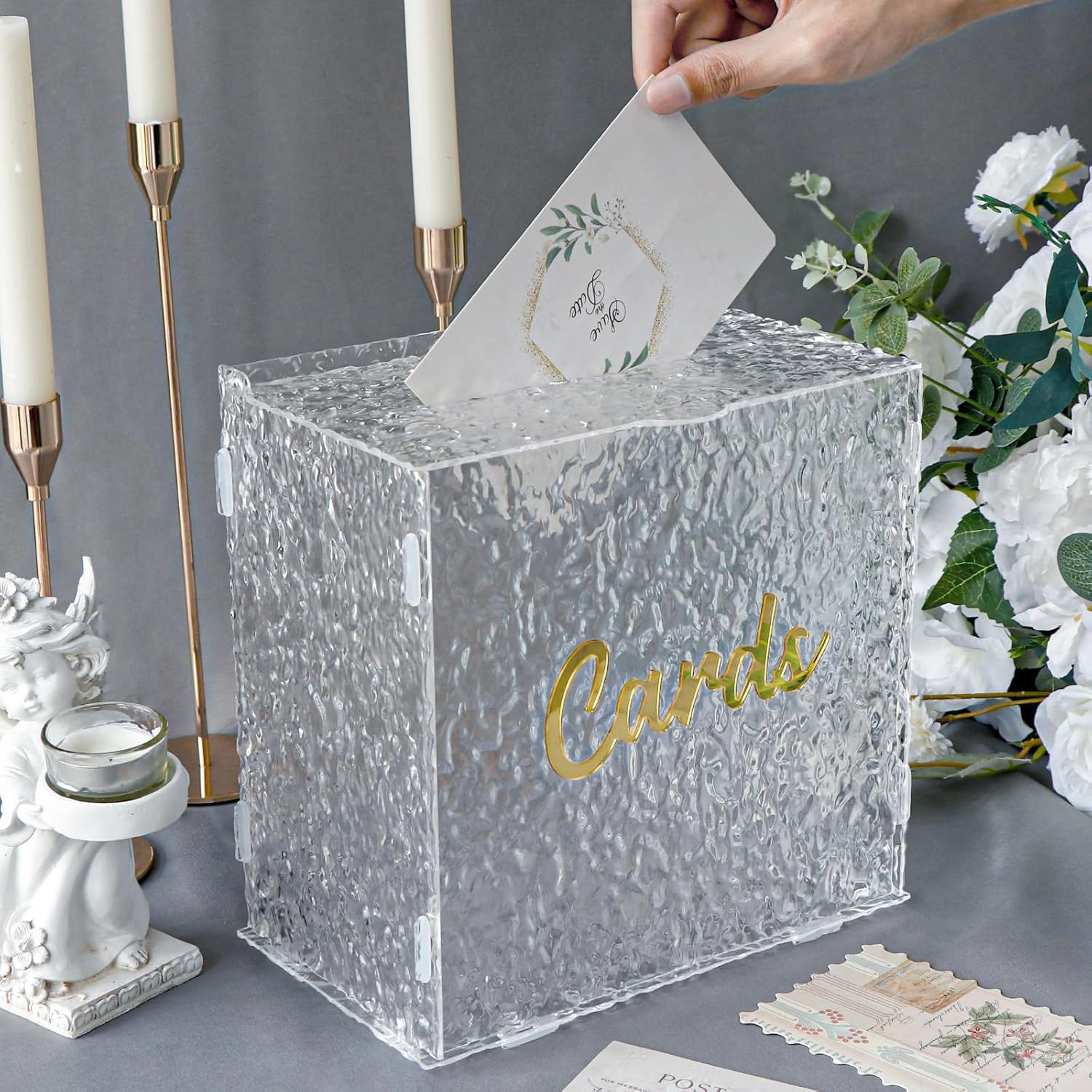 OurWarm Caja de tarjetas de boda de acrílico con cadena de luz, caja de tarjeta de regalo grande para recepción de boda, ondulación de agua, sobre