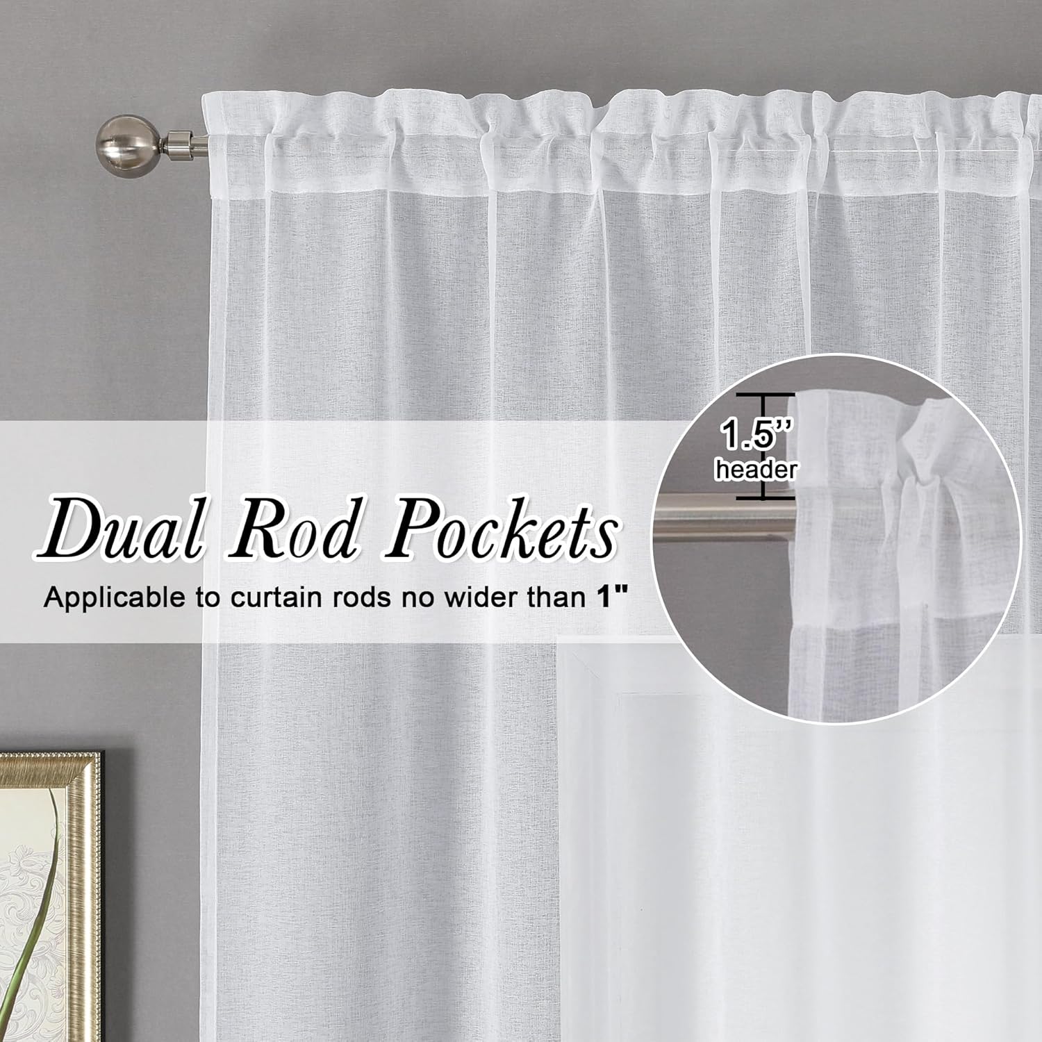 Lecloud Doris – Cortinas traslúcidas blancas de 36 pulgadas, 2 piezas, cortinas clásicas de lino sintético transpirable para sala de estar, cortinas
