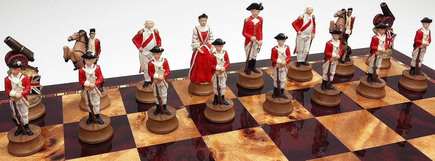Juego de ajedrez de guerra de independencia revolucionaria americana con tablero de color cereza y Burlwood de 18 pulgadas