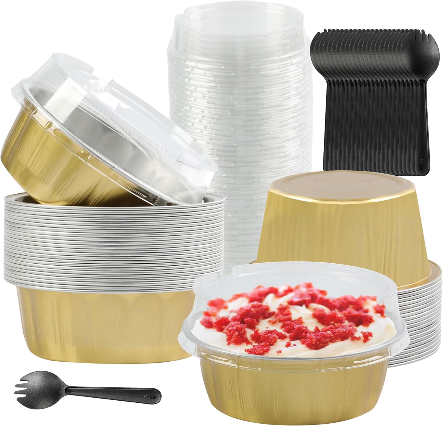 Moldes desechables de papel de aluminio Creme Brulee, 30 forros para cupcakes de 8 onzas con tapas, tazas para pasteles, mini moldes para pasteles