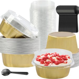 Moldes desechables de papel de aluminio Creme Brulee, 30 forros para cupcakes de 8 onzas con tapas, tazas para pasteles, mini moldes para pasteles Moldes desechables de papel de aluminio Creme Brulee, 30 forros para cupcakes de 8 onzas con tapas, tazas para pasteles, mini moldes para pasteles