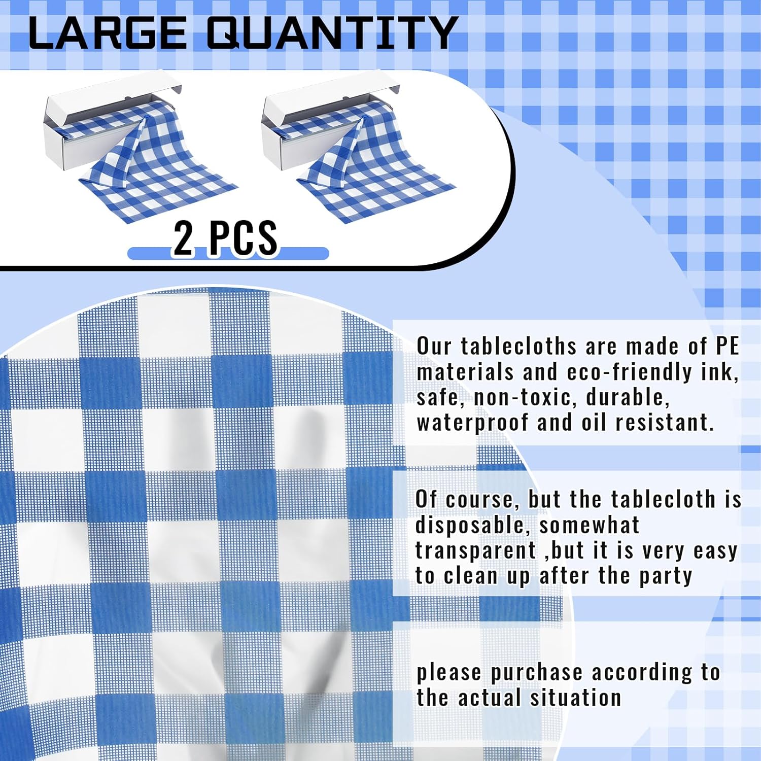 2 manteles de plástico a cuadros azules y blancos de 54 x 100 pies, mantel desechable en rollo con caja autocortadora para interiores y exteriores