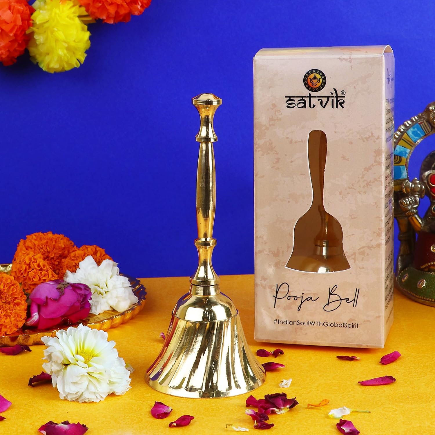 SATVIK – Campana de latón de mano pequeña de 4 pulgadas para Puja, campanas tradicionales para mandir, ideal para Puja diario, regalo y sonido