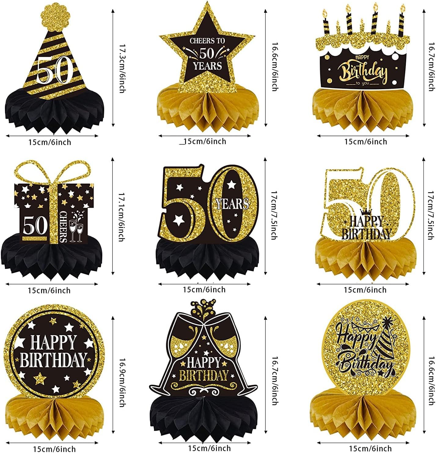 9 piezas de decoración de 50 cumpleaños para 50 años de cumpleaños centros de mesa para decoraciones de mesas, saludos a 50 de panal de abeja para
