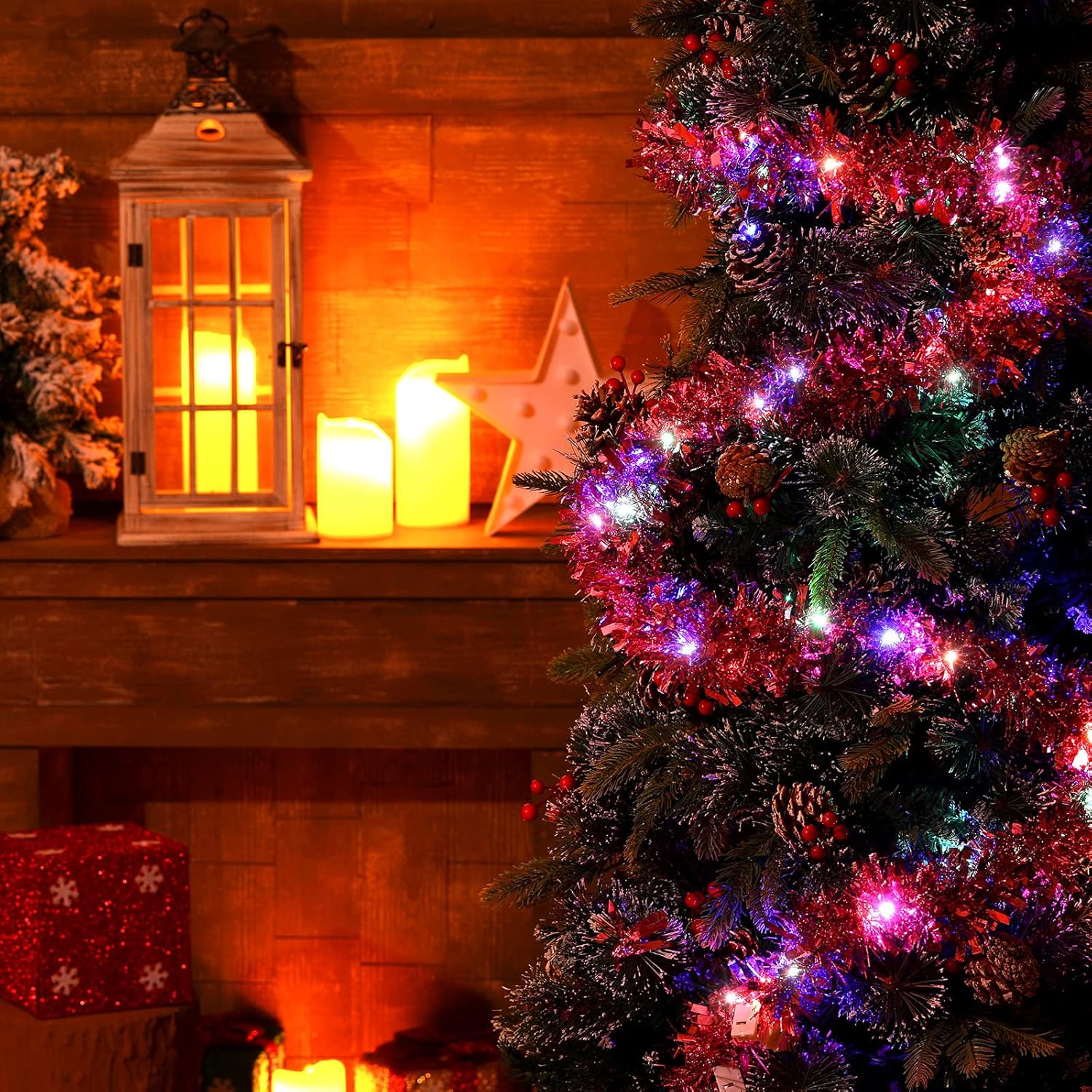 Hotop Guirnalda de oropel preiluminada de Navidad de 39.4 pies con 180 luces LED colgantes de 59 pies, guirnalda metálica giratoria con luces para