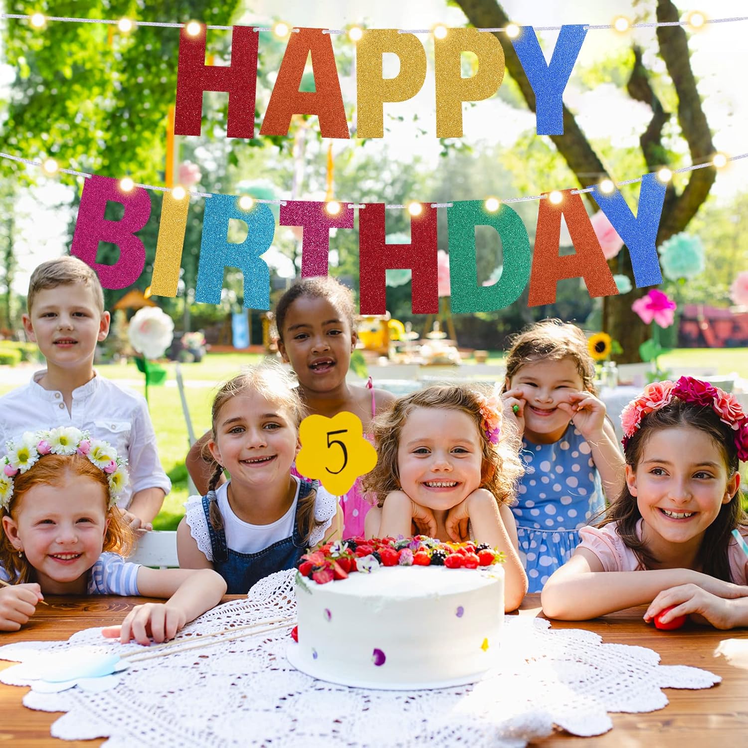 TaoBary Kit de 112 pancartas personalizables con purpurina, incluye 107 letras y números, 3 cuerdas y 2 luces decorativas para fiesta de cumpleaños,