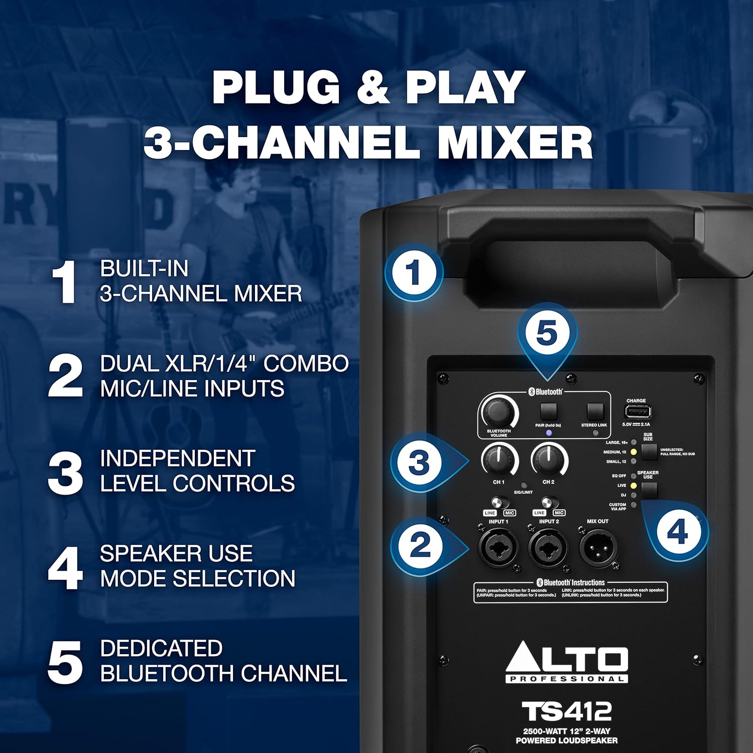 Alto Professional TS412 – Altavoz PA alimentado de 2500 W de 12 pulgadas con mezclador de 3 canales, transmisión Bluetooth, enlace de altavoz