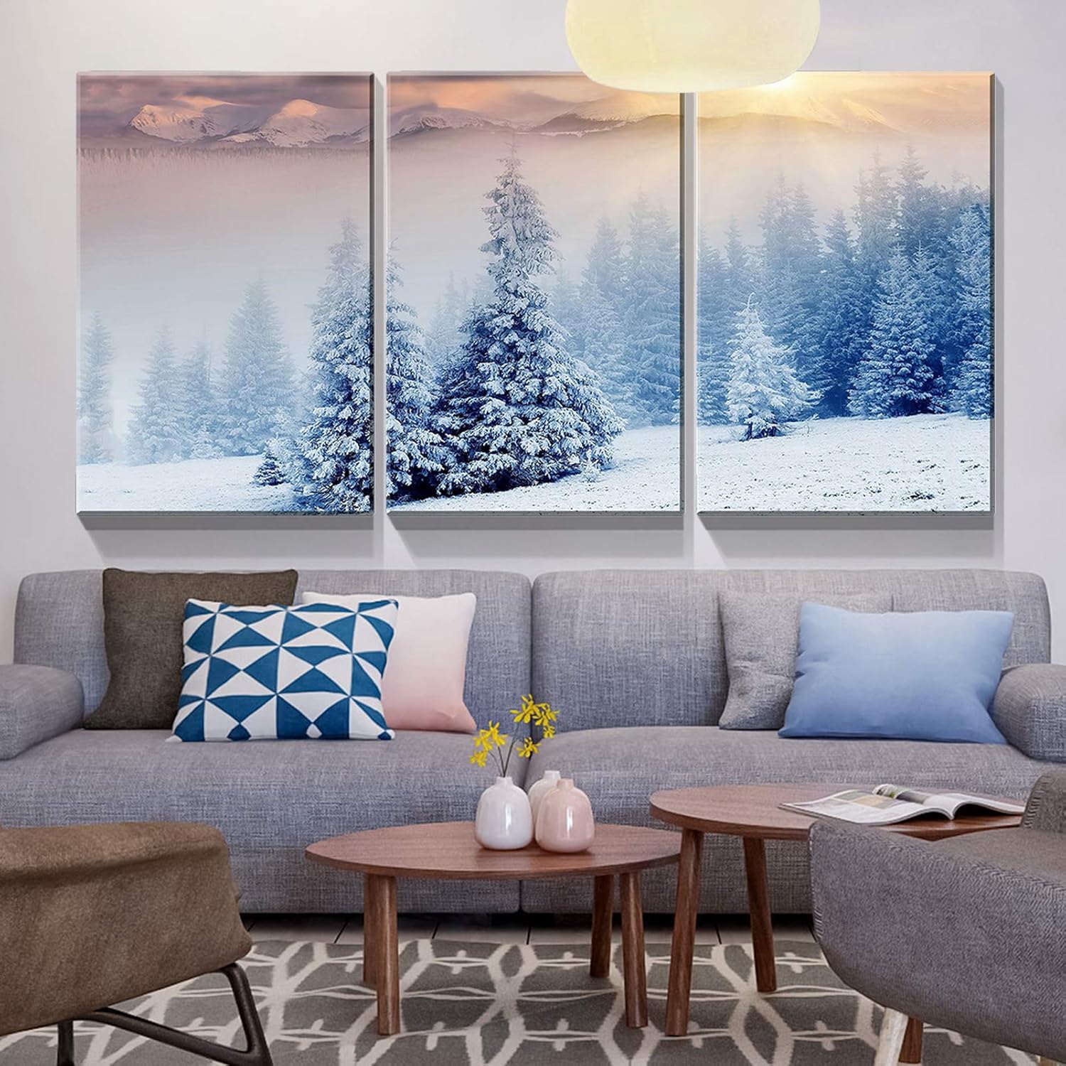 Denozer – Arte de pared en lienzo de 3 paneles para decoración de pared de sala de estar – Paisaje de invierno cubierto de nieve montañas árboles en