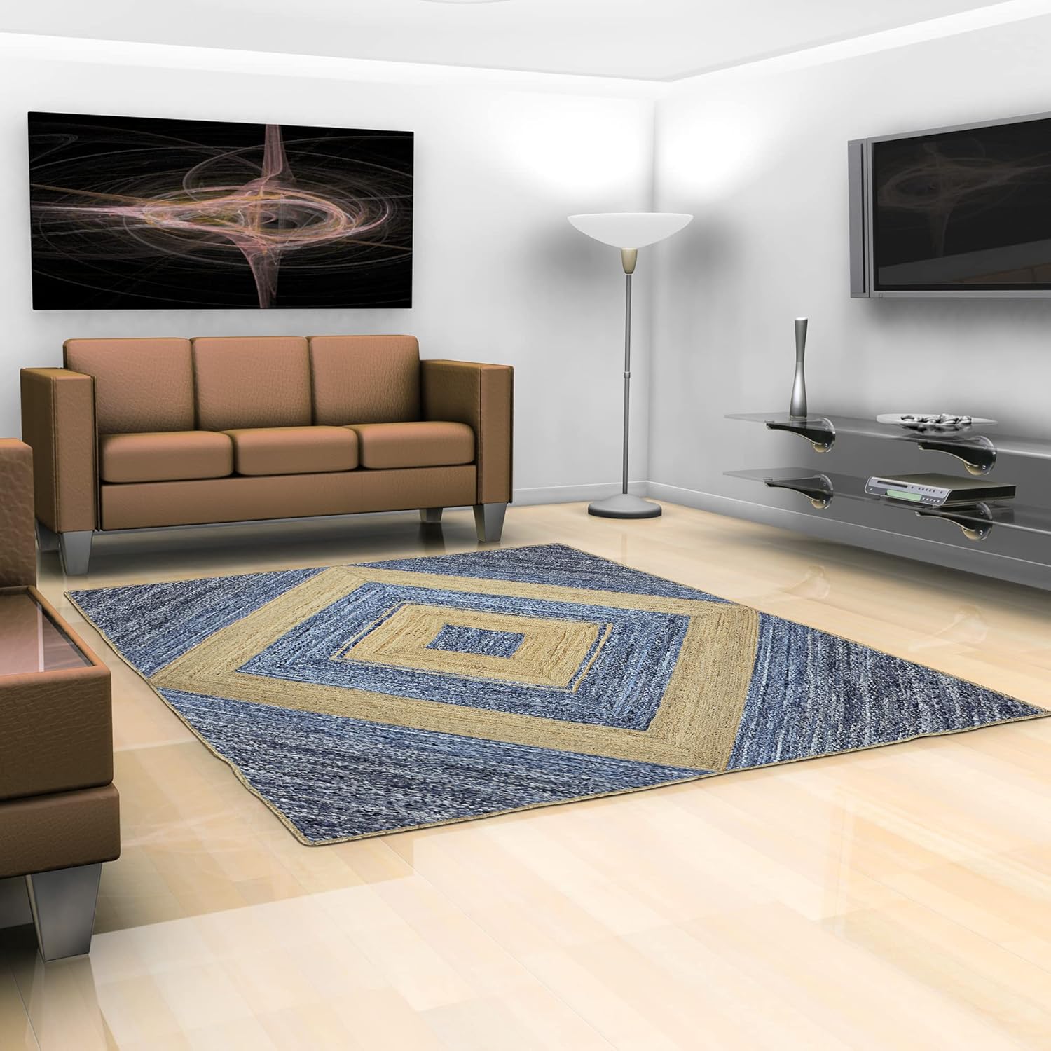 Collection – Alfombra rectangular de 6 x 9 pies, alfombra trenzada azul de algodón y yute, alfombra geométrica kilim para interiores y exteriores,
