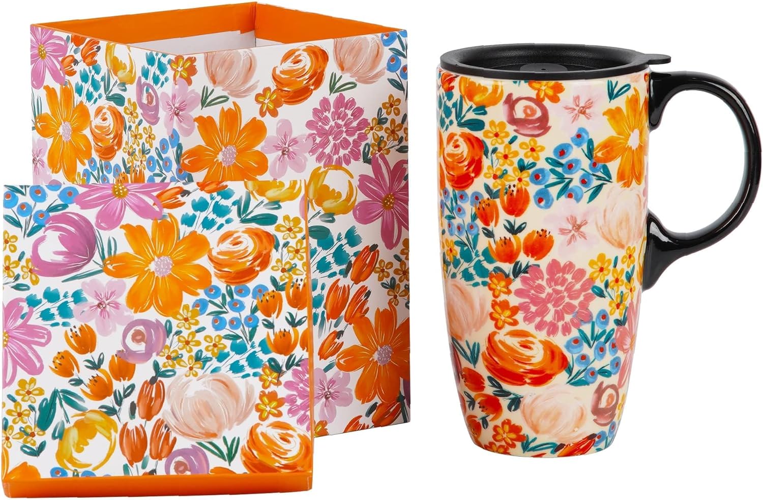 Topadorn Taza de viaje de cerámica de 17 onzas con tapa deslizante y asa resistentes a las salpicaduras, taza de café de cerámica grande para