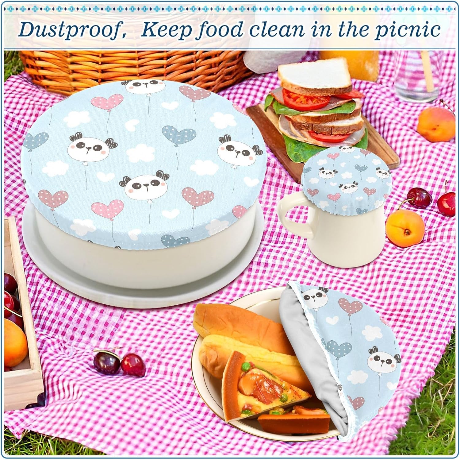 Pandas Hearts – 5 fundas elásticas reutilizables para tazones para almacenamiento de alimentos, tapas de tela elástica con 5 tamaños diferentes,