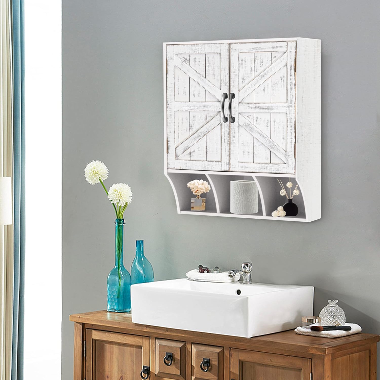 FLORA Armario de almacenamiento montado en la pared, botiquín con puertas, armario de pared de baño vintage de madera sobre inodoro para baño,