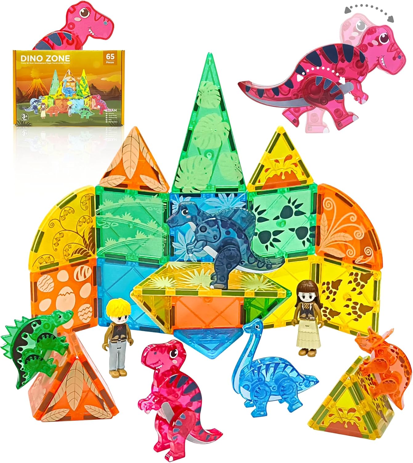 Asago Juego de azulejos magnéticos de dinosaurio con juego de animales de safari, juguetes de bloques de construcción magnéticos para niños pequeños