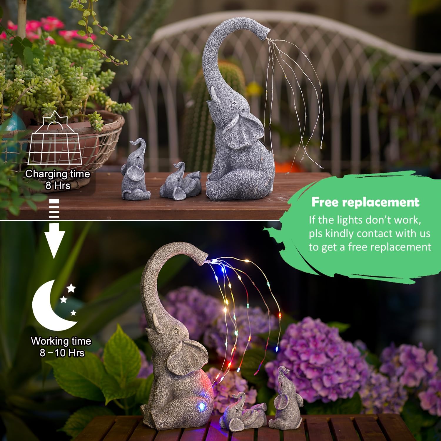 Goodeco Estatua de elefante de jardín para exteriores, regalos de elefante con luces de riego solares, figura de elefante sentado perfecta para