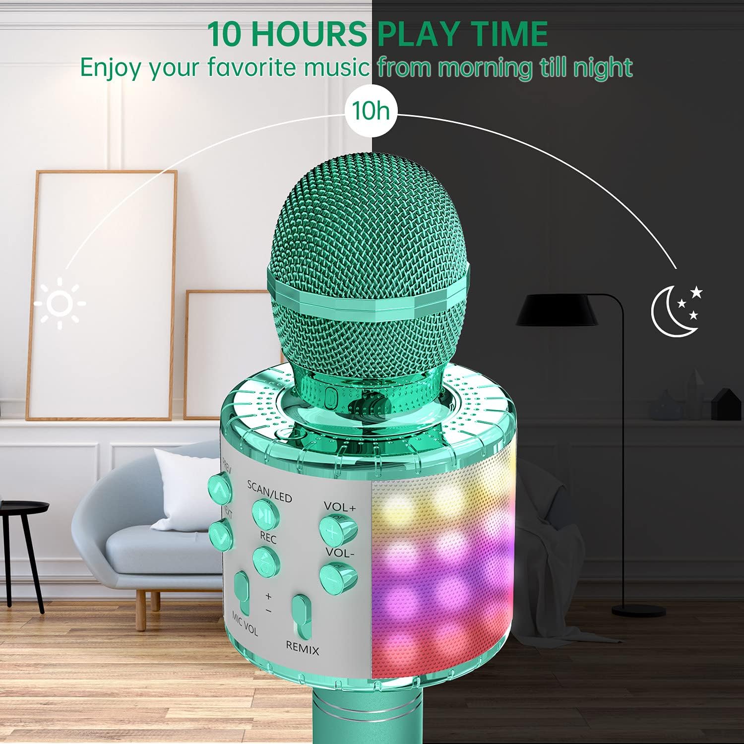 OVELLIC – Micrófono de mano inalámbrico con Bluetooth y luces LED, portátil con altavoz para karaoke regalo para niñas, niños y adultos de todas las