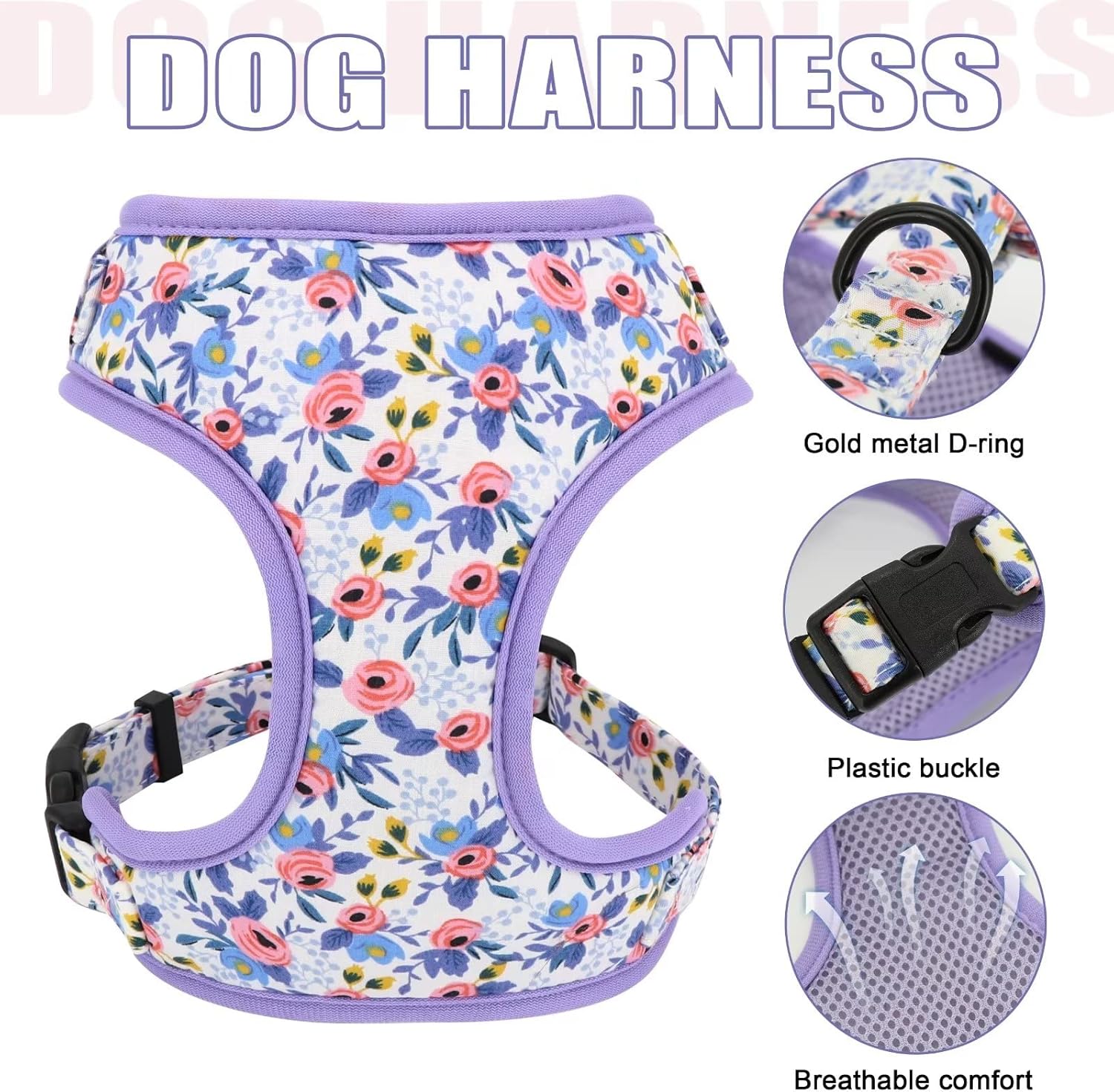 Beirui Juego de arnés y correa para perro con bonito diseño floral, arnés de malla suave ajustable para perro con correa de 5 pies para cachorros