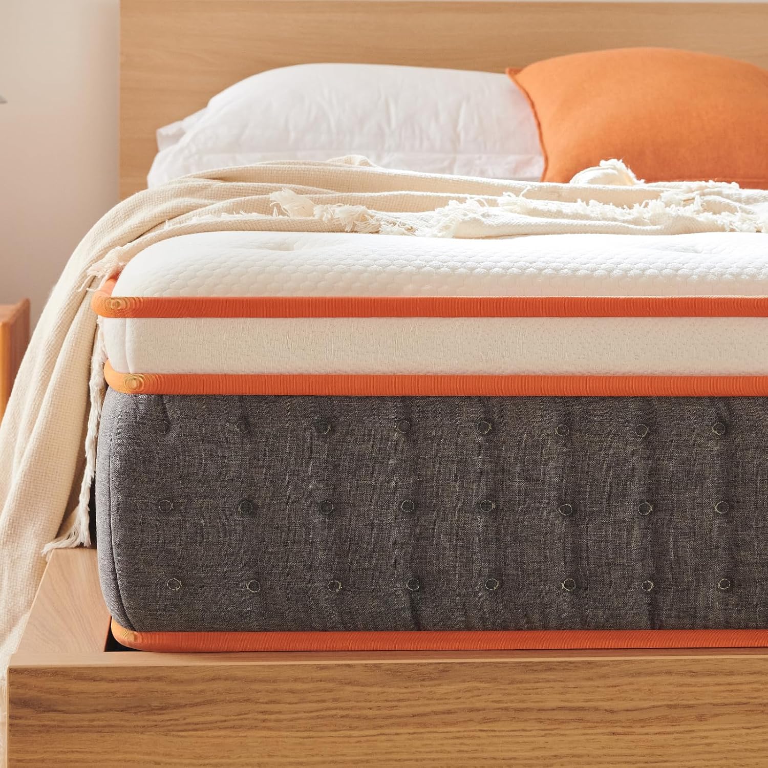 IYEE NATURE Colchón firme tamaño King, colchón híbrido de 12 pulgadas, resortes individuales en bolsillo, cama King dura en una caja, naranja