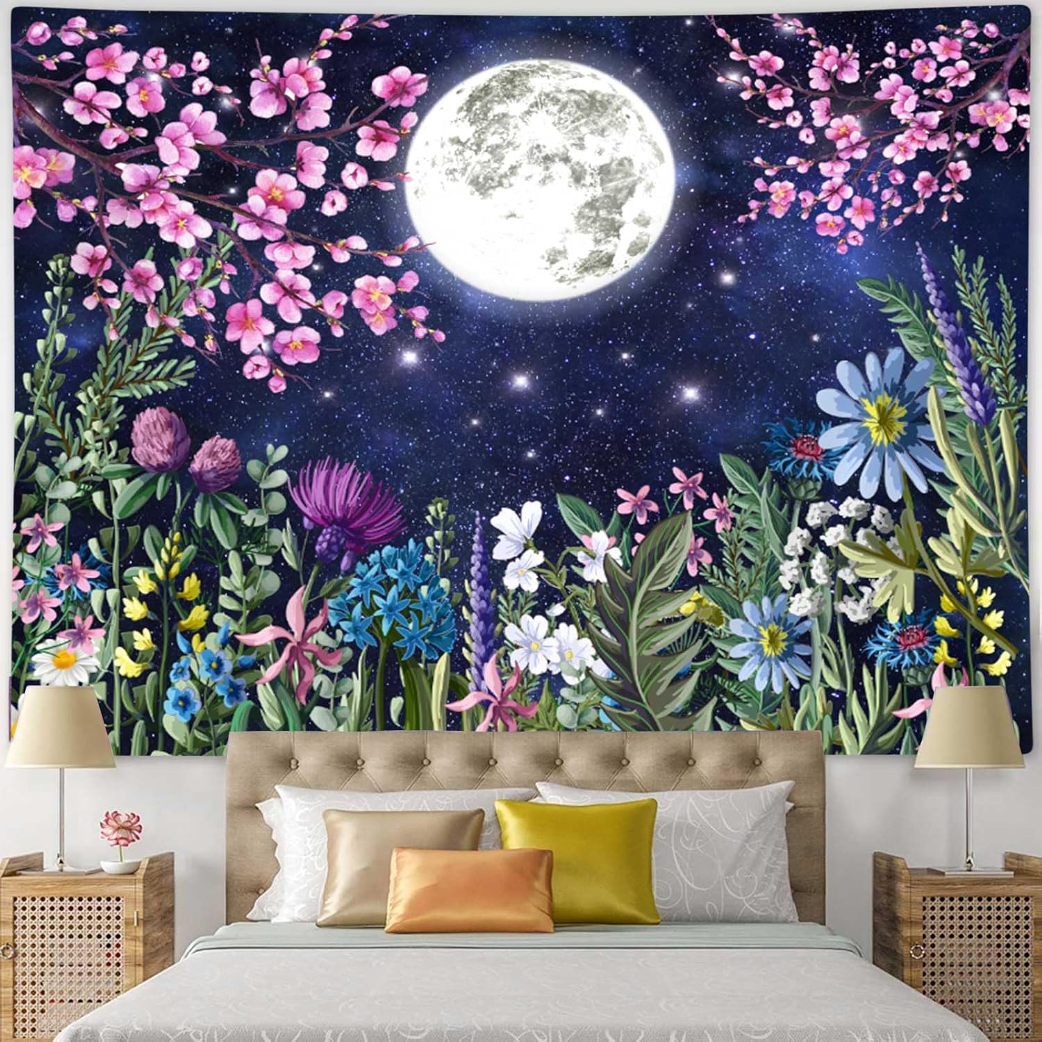 Boziqr Tapiz estético de flores de luna, cielo estrellado, tapiz floral para colgar en la pared para dormitorio, tapiz de paisaje natural,