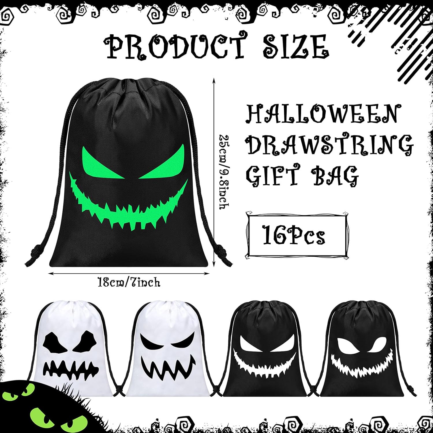 16 bolsas de recuerdo de Halloween, caras espeluznantes, pequeñas con cordón, bolsa de regalo para aula, Halloween, fiesta de cumpleaños (7 x 10