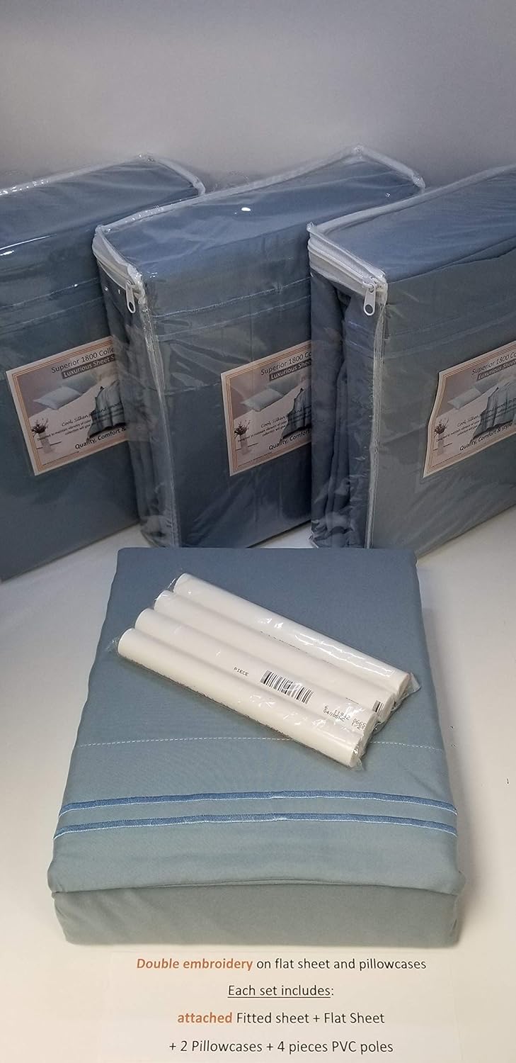 Juego de sábanas ultrasuaves de 4 piezas para cama de agua, bastones de estancia libre, color sólido con bordado (King, azul pizarra)