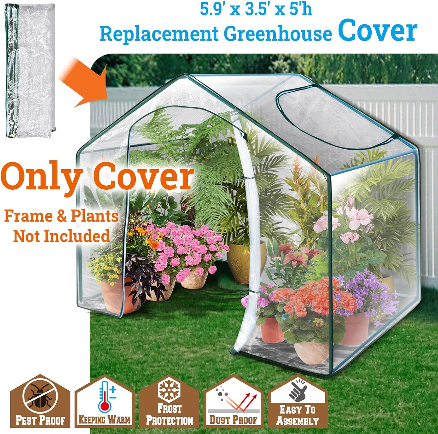 YardGrow Cubierta de repuesto transparente para invernadero de 5.9’x3.5’x5’H Mini Jardinera Portátil de Jardinería Invernadero