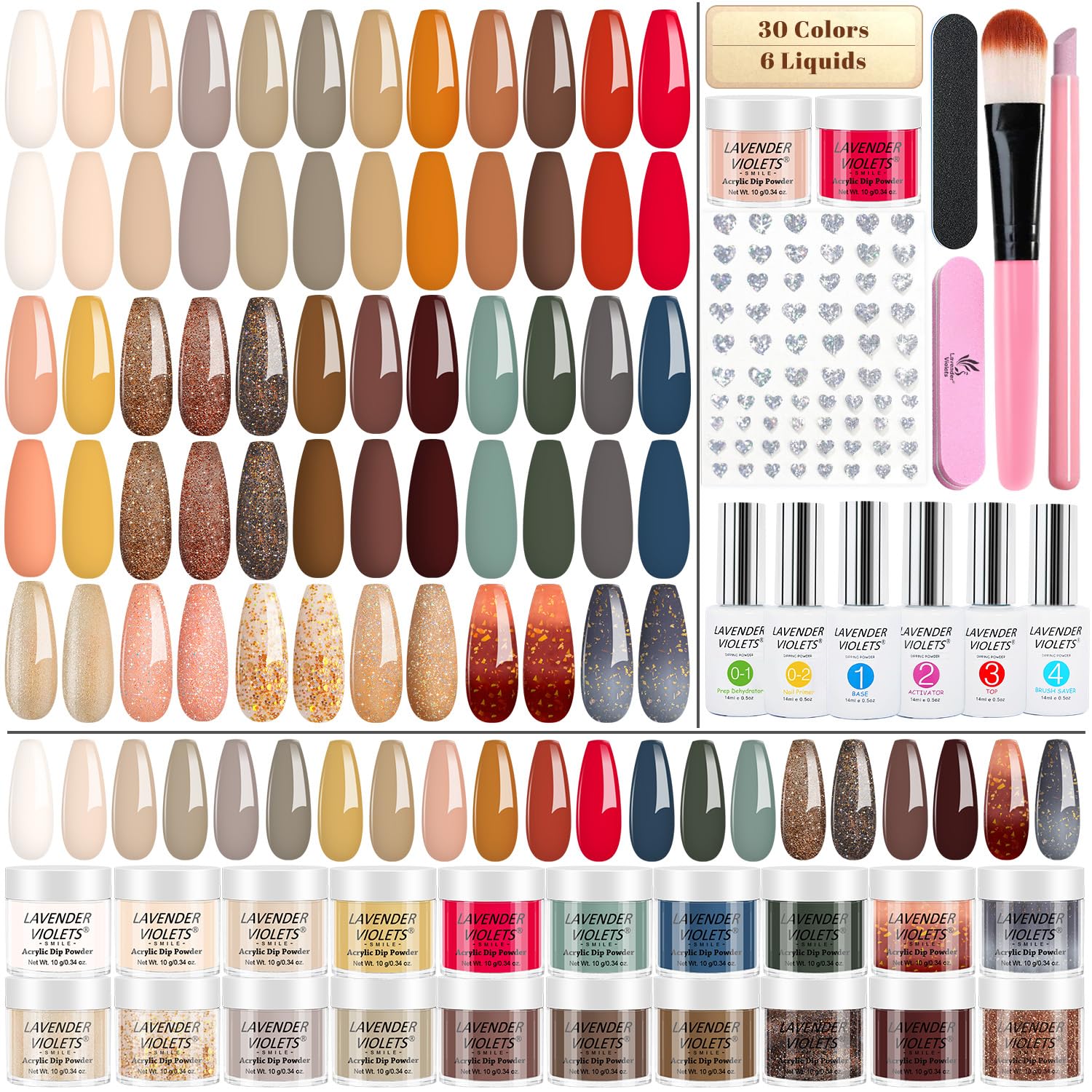 Lavender Violets 94 piezas de polvo de inmersión para uñas, 30 colores acrílicos para uñas con juego de líquido de inmersión para uñas y herramienta