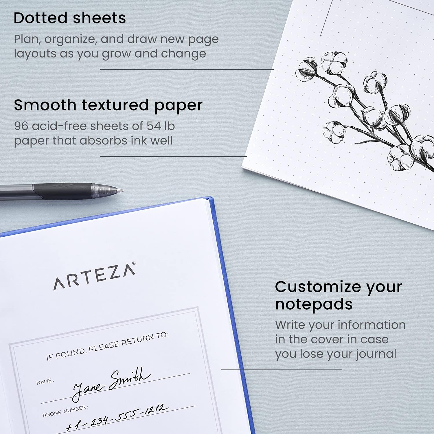 Arteza – Paquete de dos diarios de 6pulgadas x 8pulgadas, 96 hojas, color azul cobalto y gris, con tapa dura, papel de puntos suave para escribir o