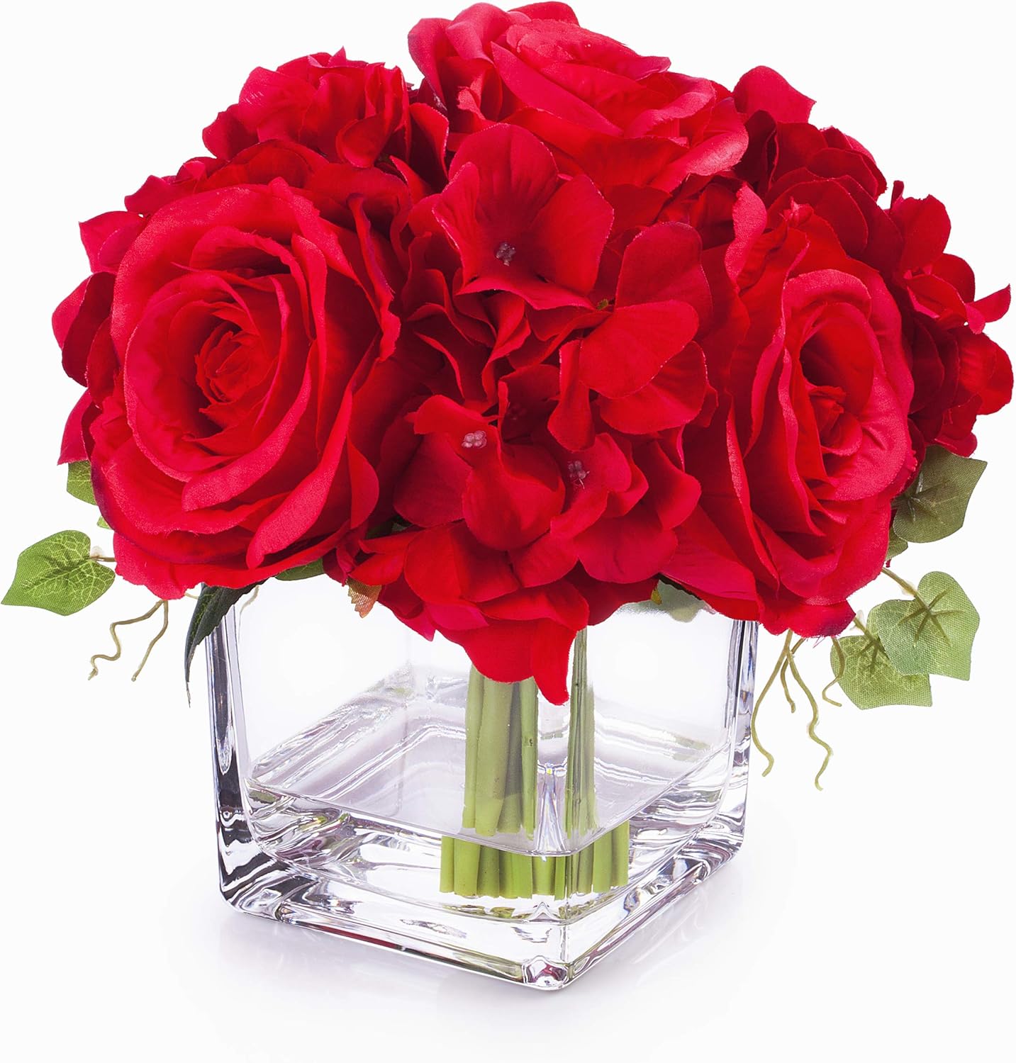 ENOVA HOME Arreglos de flores artificiales de hortensias de seda en jarrón de cristal para decoración del hogar y boda (rojo)
