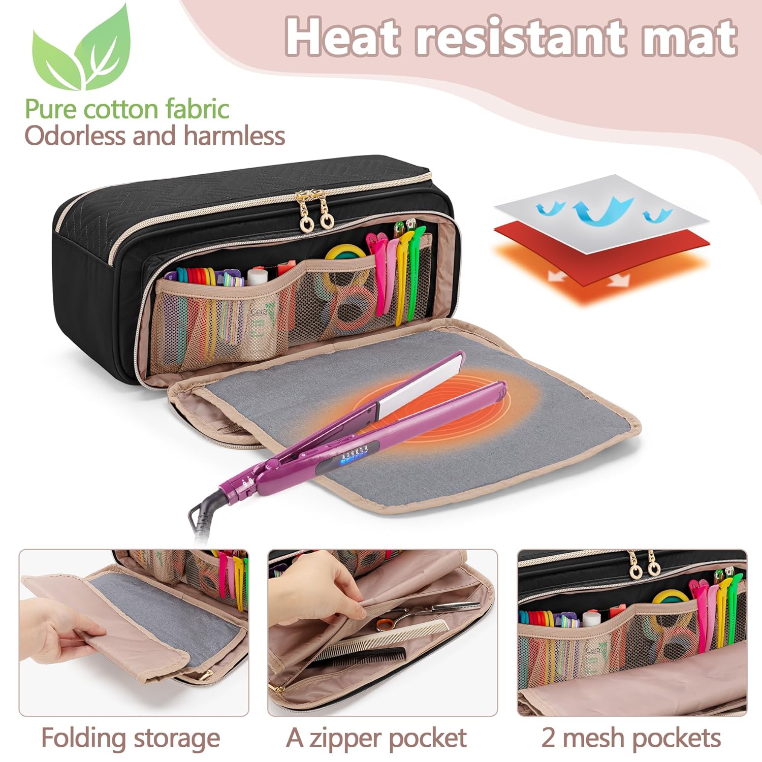 YARWO Bolsa de viaje para herramientas de cabello con alfombrilla resistente al calor para alisador, rizadorplancha plana, cepillo de