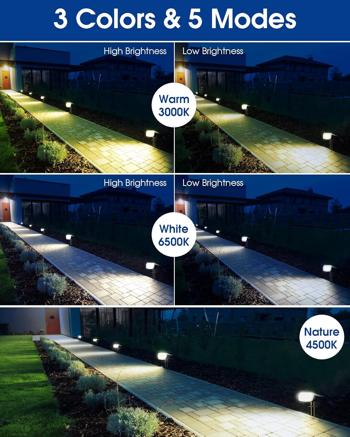Biling Luces solares 3 en 1 cálidasblancasnaturales para exteriores, paquete de 4 luces solares impermeables para exteriores, iluminación solar de