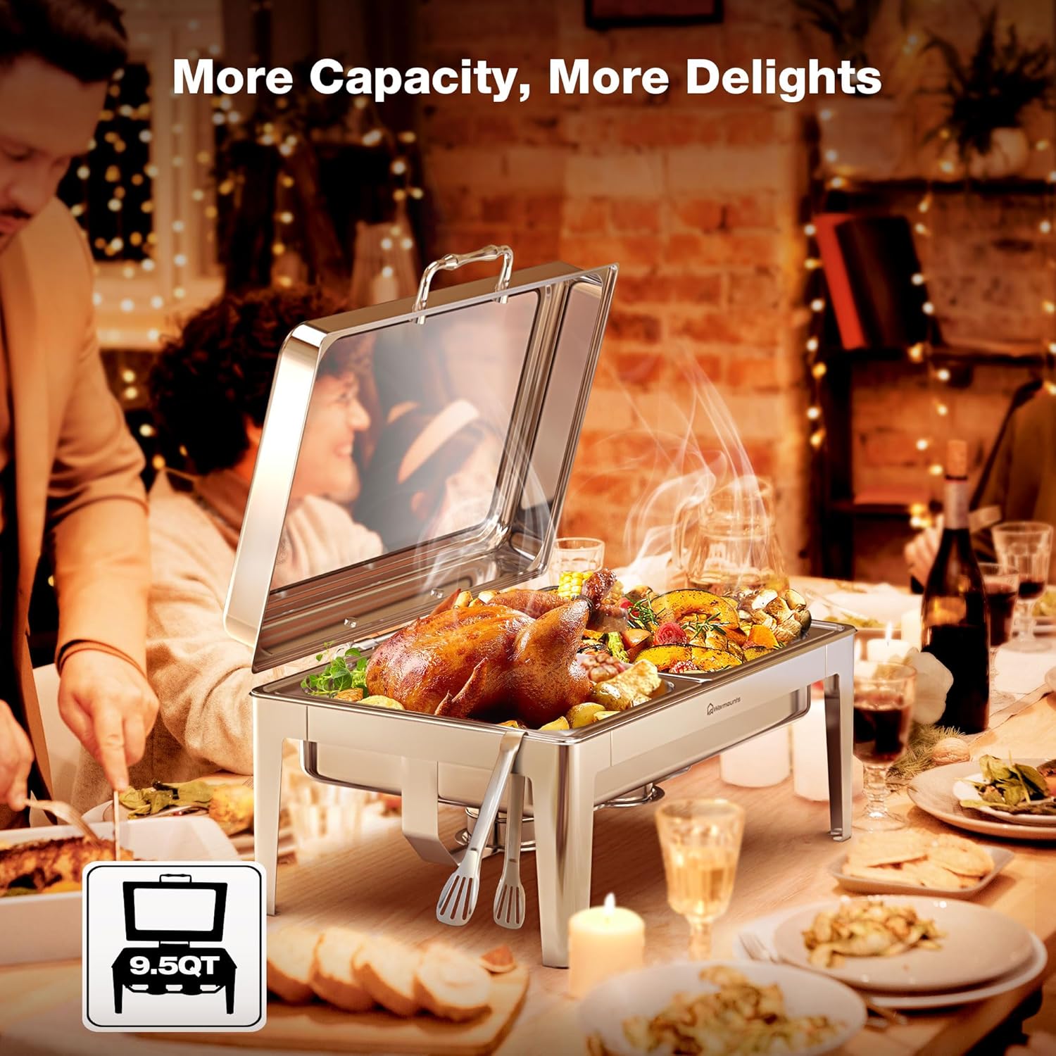 Juego de platos de bufé de 9.5 cuartos de galón, platos rectangulares para bufé con tapa de vidrio, utensilios de servir, chafers de acero