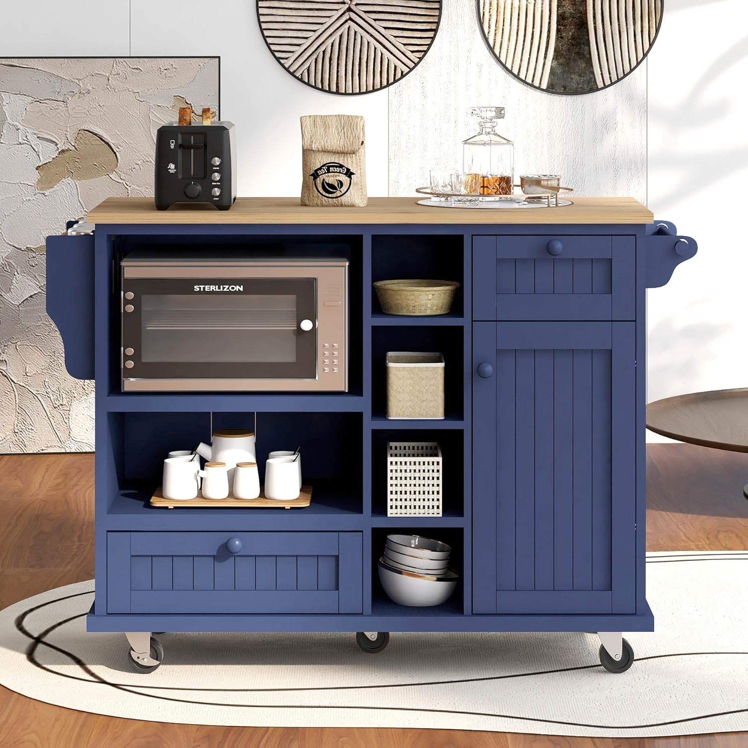 Bellemave Carrito de isla de cocina rodante con ruedas con armario de almacenamiento, carrito de cocina móvil con 2 cajones y toallero, barra de