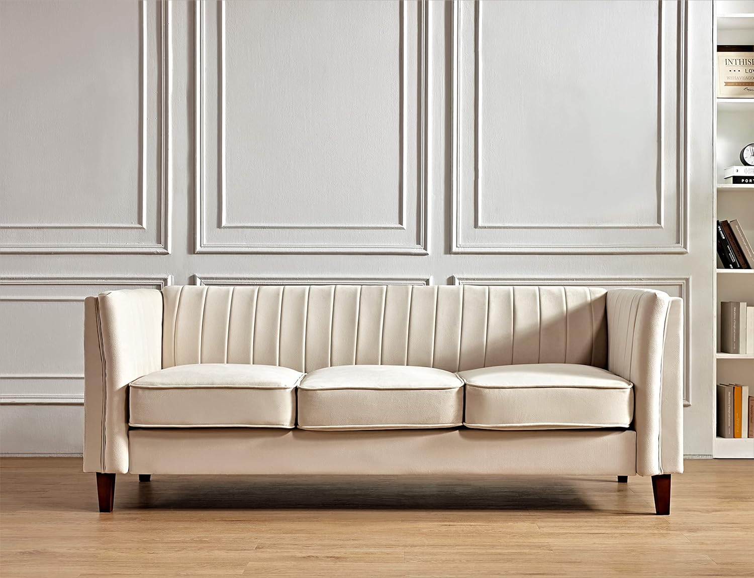 Container Furniture Direct Sofá moderno de terciopelo de lujo para sala de estar, con espuma de alta densidad, tapicería de tela suave, cojines
