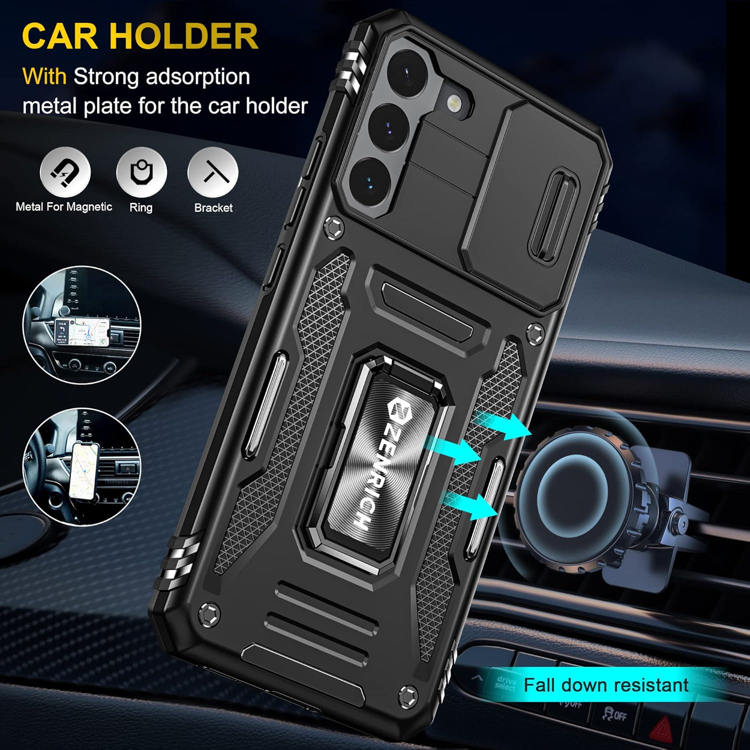 ZenRich Funda resistente para Samsung Galaxy S22 con cubierta deslizante para cámara y soporte, funda protectora de doble capa de grado militar