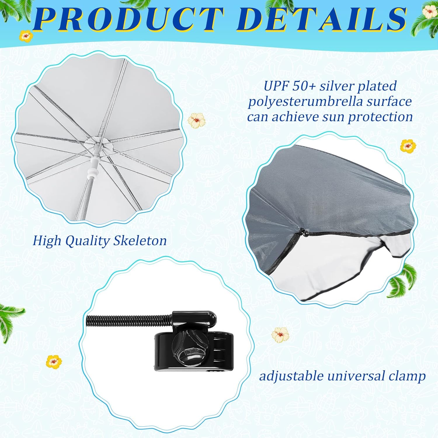 Buryeah Paraguas para silla con abrazadera universal de 43 pulgadas, UPF 50+, abrazadera portátil, sombrilla de playa para silla de ruedas