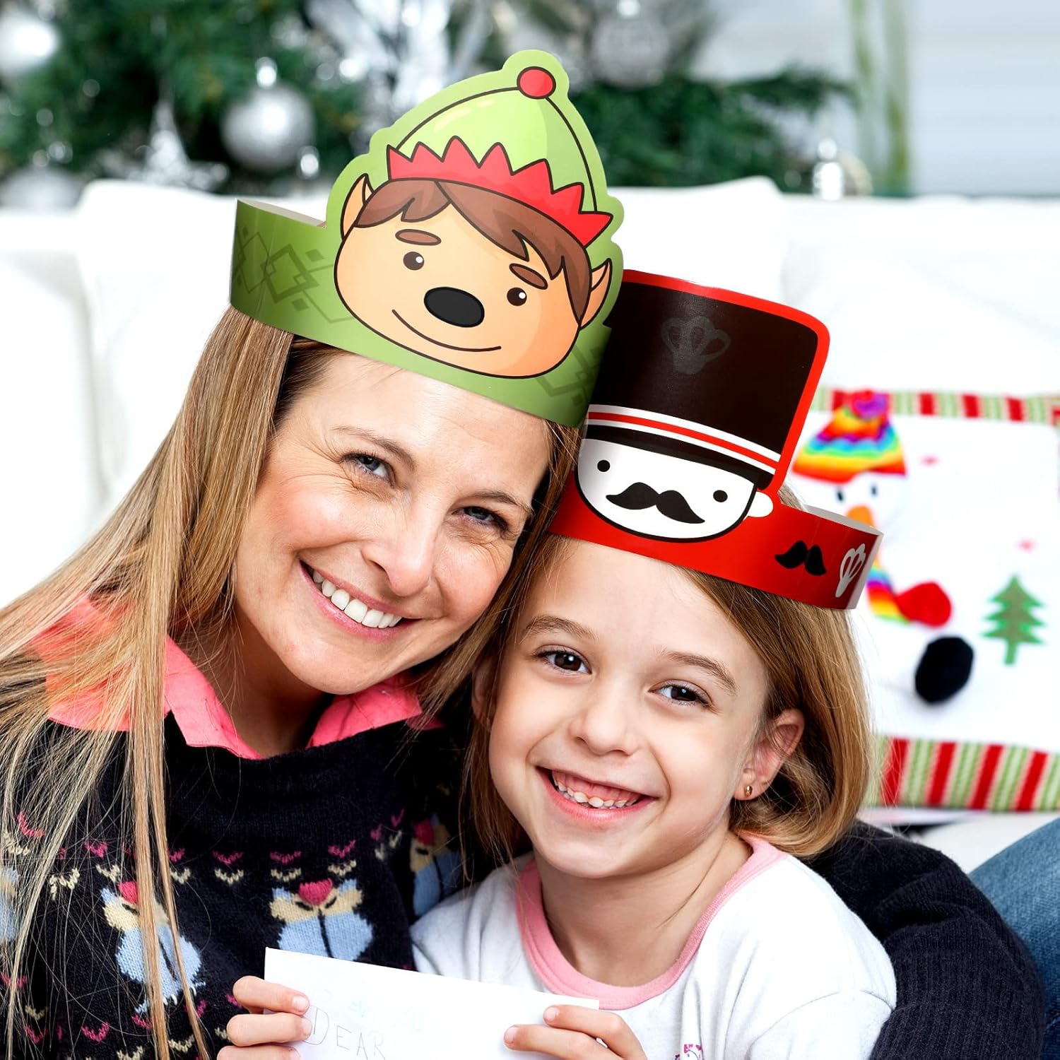 Skylety 40 sombreros de fiesta de papel de Navidad para niños, ajustable, corona de papel, diadema, Papá Noel, elfo, reno, muñecos de nieve, hombre