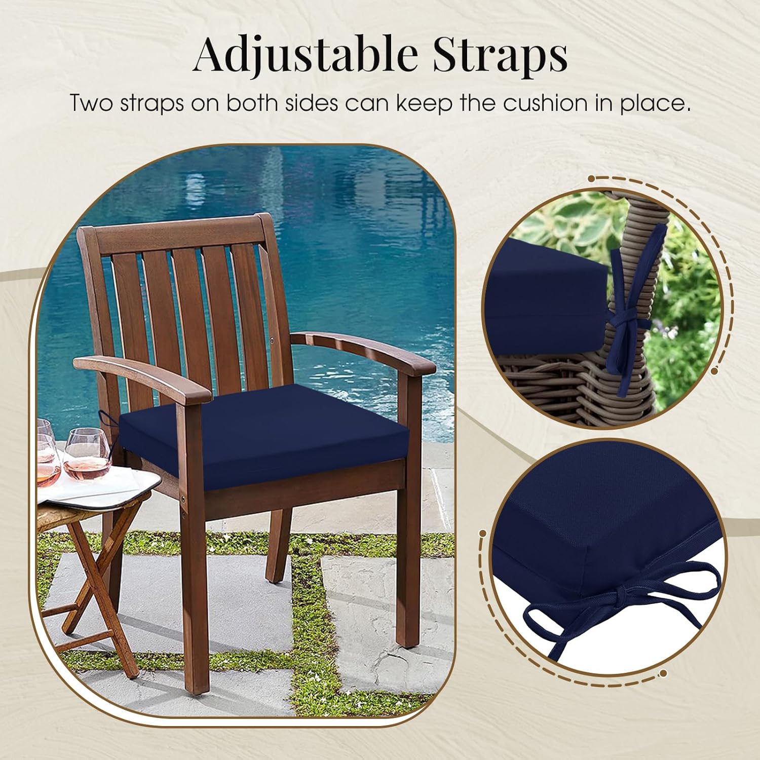 downluxe Juego de 4 cojines para sillas de exterior para muebles de patio, cojines cuadrados impermeables para sillas de patio con lazos, cojín de