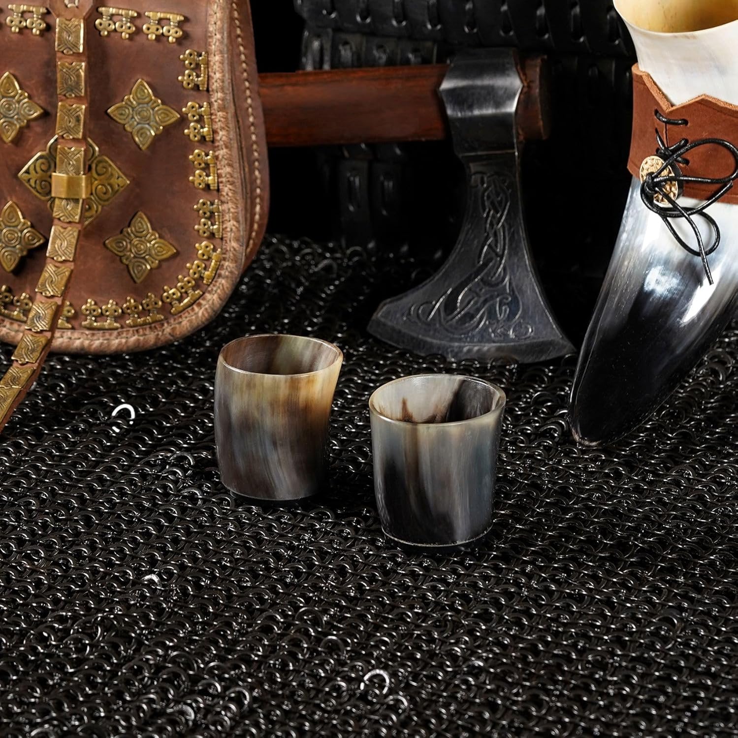 Mythrojan Vaso de chupito con cuerno vikingo, vaso de chupito medieval nórdico