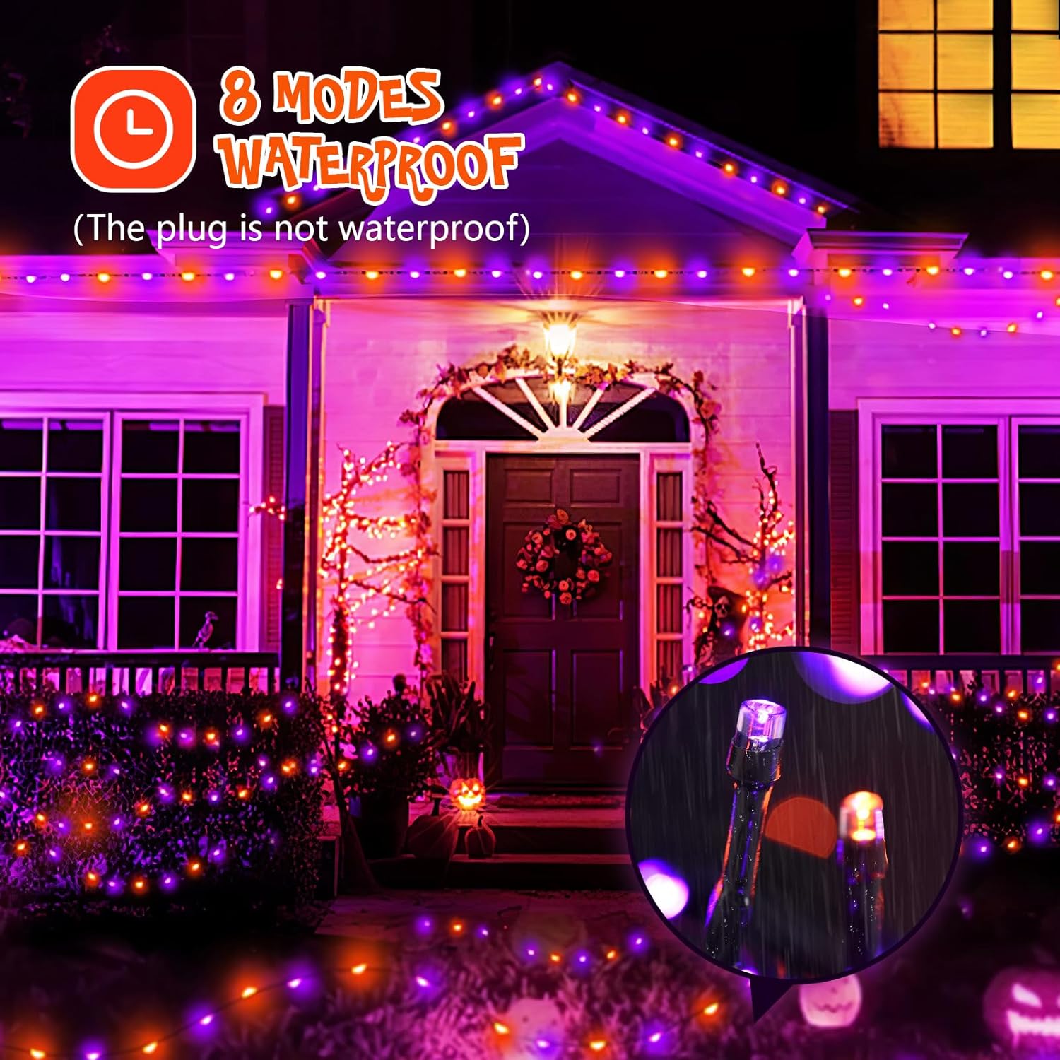 MEHOFOND Guirnalda de 300 luces LED de Halloween de 105 pies, color morado y naranja, 8 modos, impermeable, decoración de Halloween, suministros de