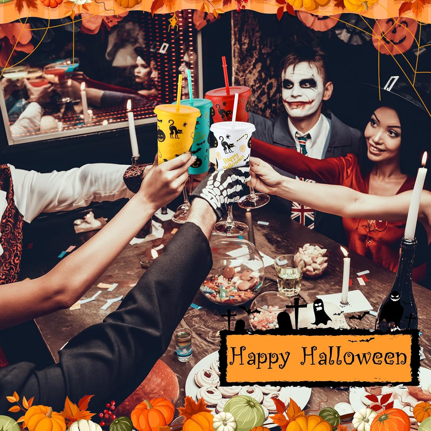 24 vasos de plástico de Halloween con tapas y pajita, vasos reutilizables a granel de 24 onzas con tapa y popote para bebidas frías, vaso colorido