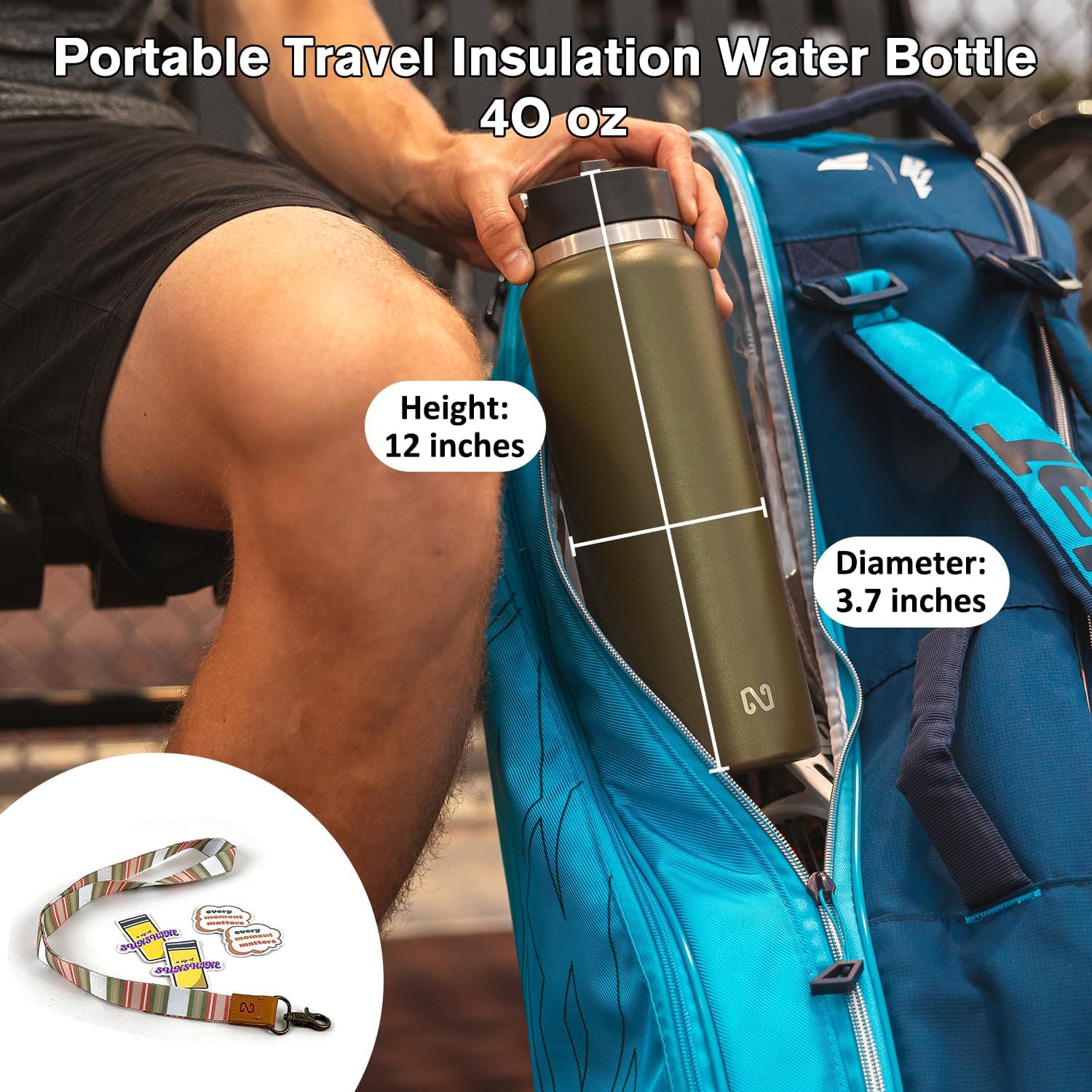 Botella de agua aislada sin BPA, botella de agua metálica de 40 onzas, de acero inoxidable con popote y tapa con asa, botella de agua térmica