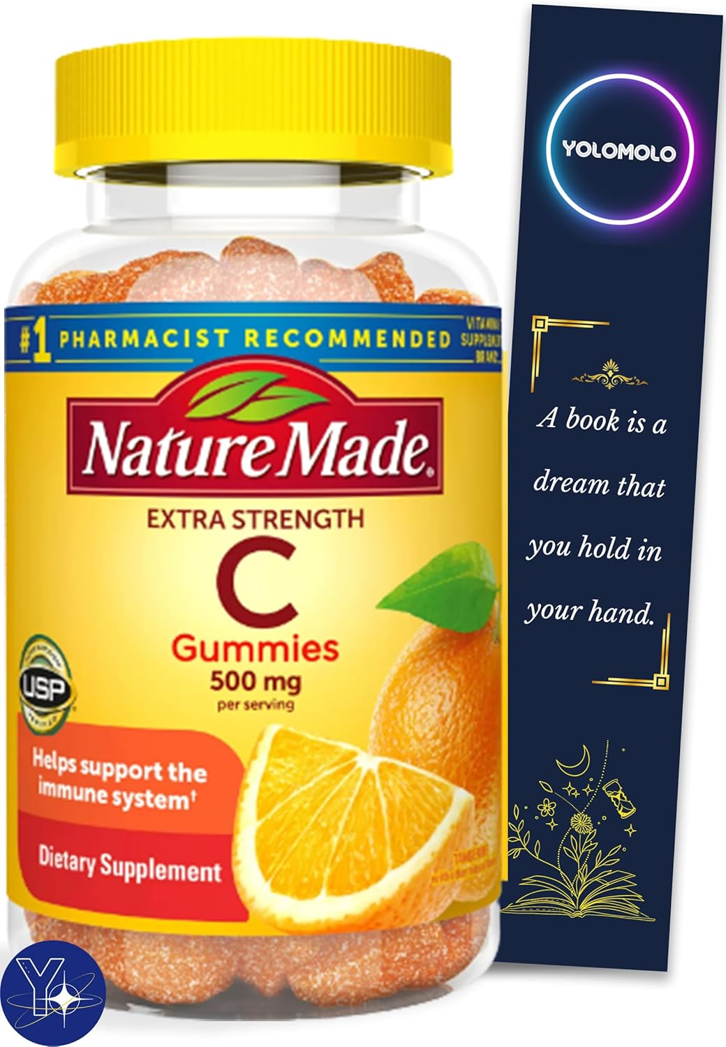 Nature Made Dosis Extra Strength Vitamina C, 500 mg por porción de gomitas, 60 unidades y marcapáginas de regalo YOLOMOLO