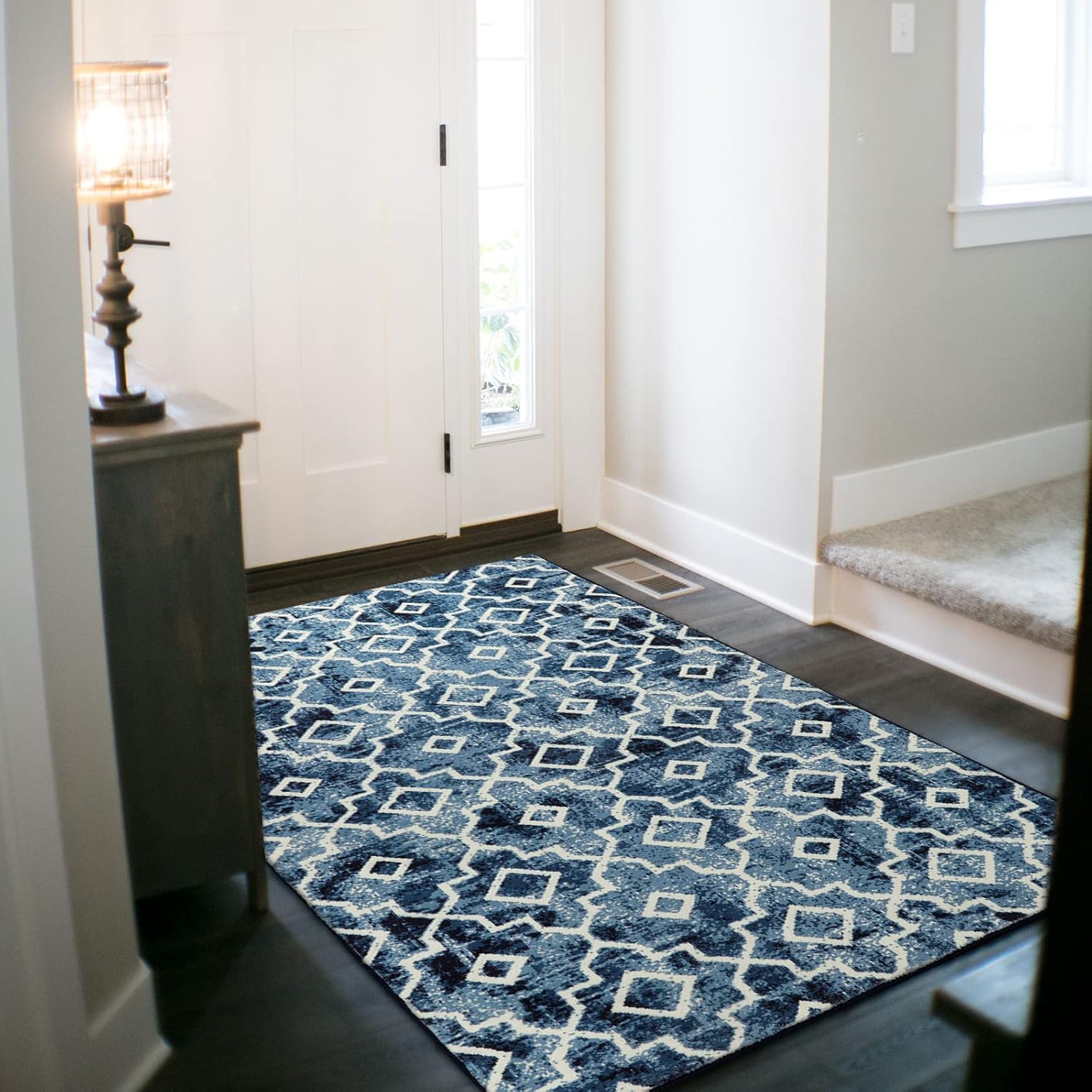 Wonnitar Alfombra marroquí lavable, tapete de entrada azul de 3 x 5 pulgadas, antideslizante, neutro, para habitación de niños, tapete moderno