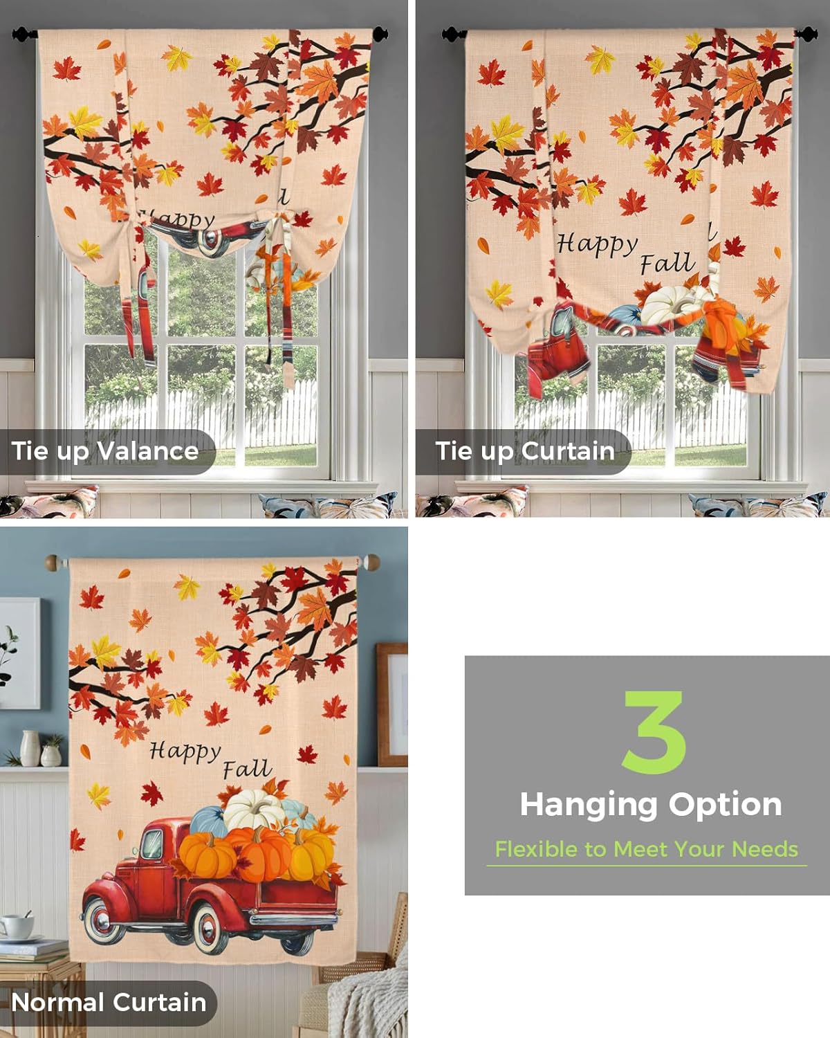 Cenefa de otoño con diseño de calabaza para ventanas, cortinas de amarre para camiones con cenefa de cortina de calabaza Harvet para cocina, baño,