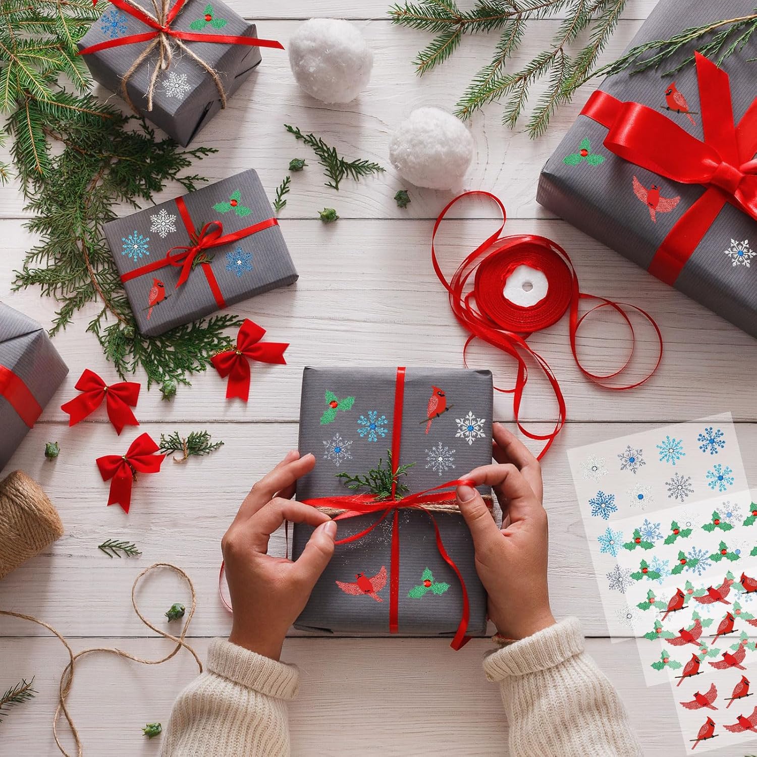 Zonon 300 calcomanías de acebo de Navidad, copos de nieve, calcomanías de purpurina dimensional de diamante 3D de Navidad, calcomanías decorativas
