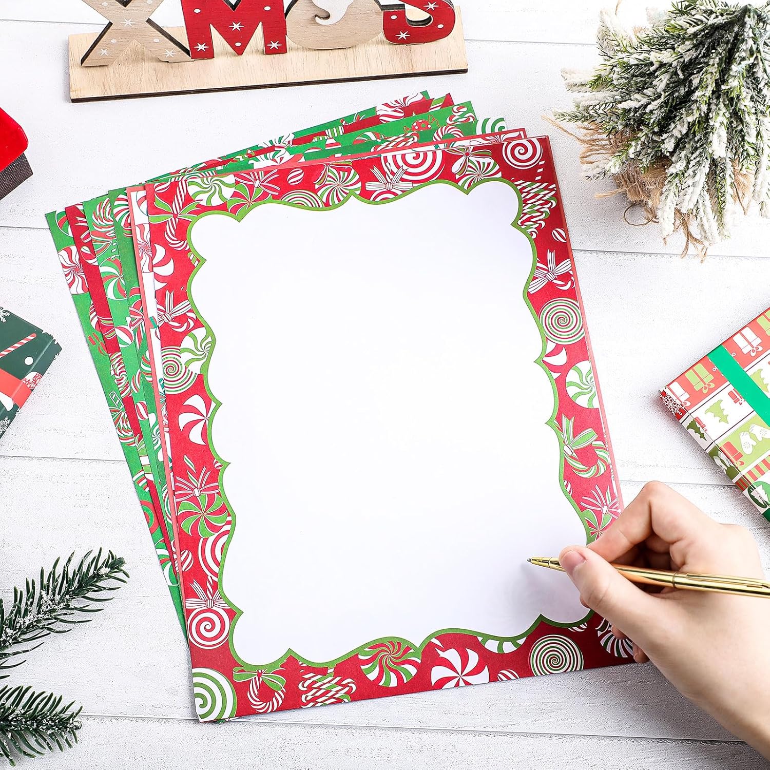 180 hojas de papel de papelería de Navidad, bastones de caramelo, papel de papelería, papel de carta navideña para notas, tarjetas de felicitación