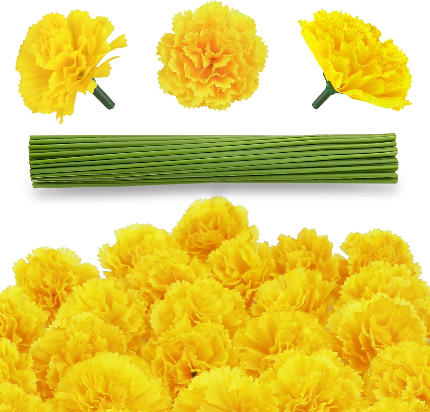 30 flores artificiales de caléndula de 2 pulgadas, cabezas de flores de caléndula de seda con tallos, flores amarillas artificiales, cabezas de