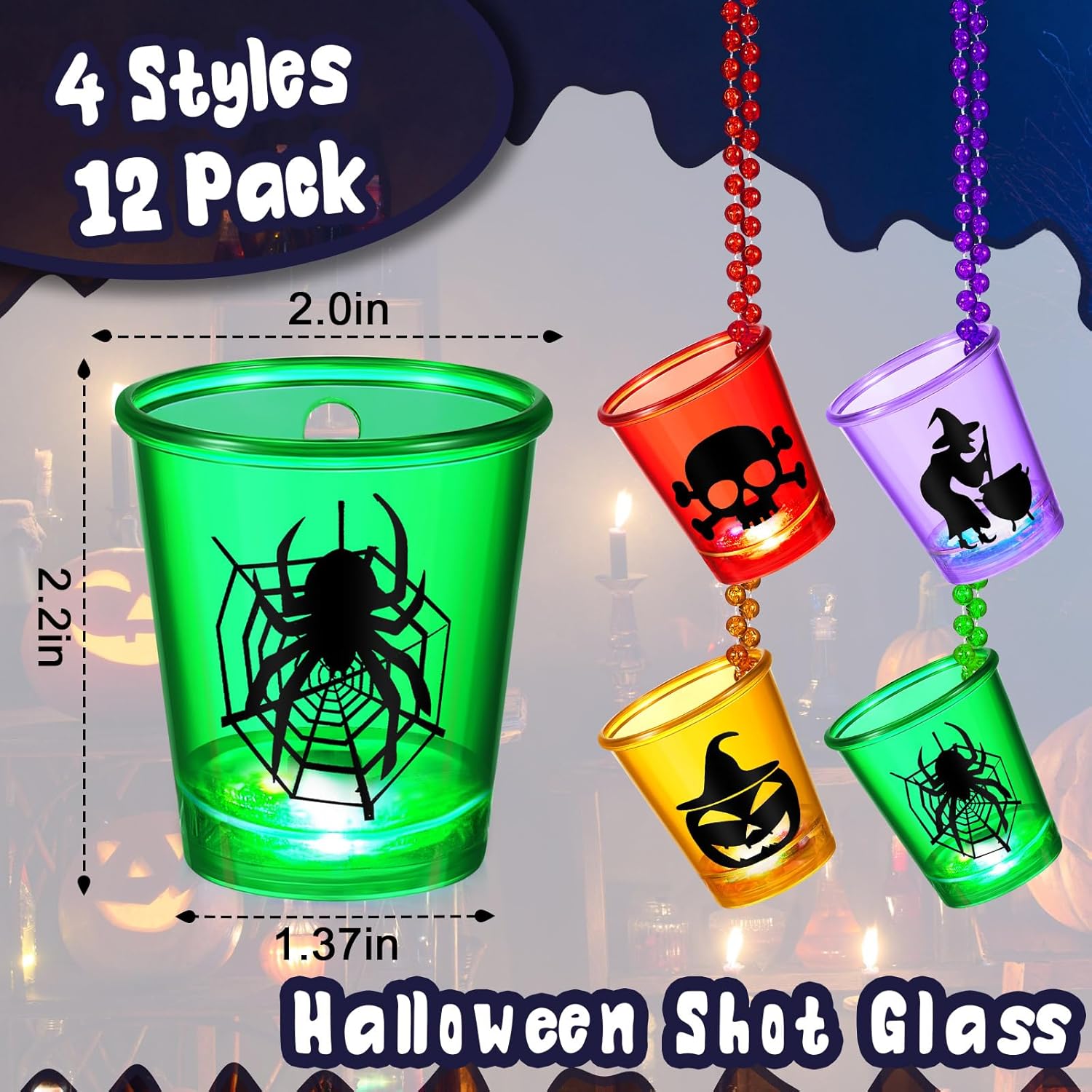 12 piezas de cristal de chupito de Halloween con luz LED, collar de cuentas, vasos de chupito de plástico que brillan en la oscuridad, collares de
