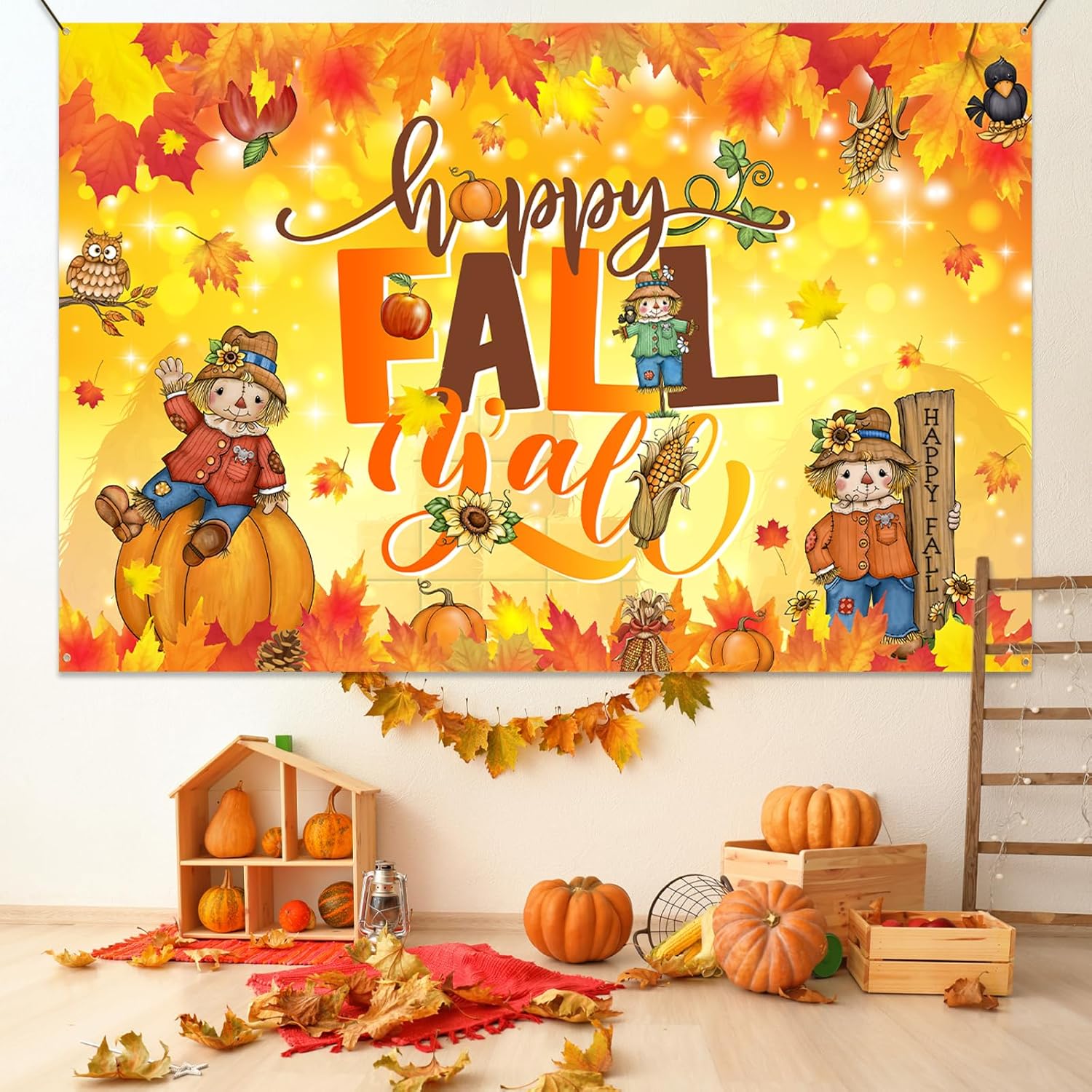 Cartón de fondo con texto en inglés Happy Fall Y’all, decoración de fiesta de Acción de Gracias, hojas de arce, calabaza, fondo de fotos para